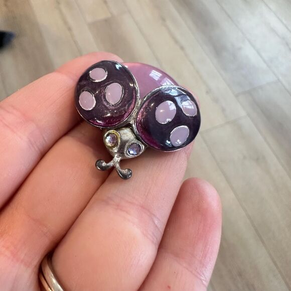 Vintage Jewelry Purple Polkadot Beetle Ladybug Insect Brooch Pin Enamel Silver - Picture 2 of 3